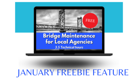 January Freebie shows picture of laptop with bridge pic displayed and text for Bridge Preservation course for January